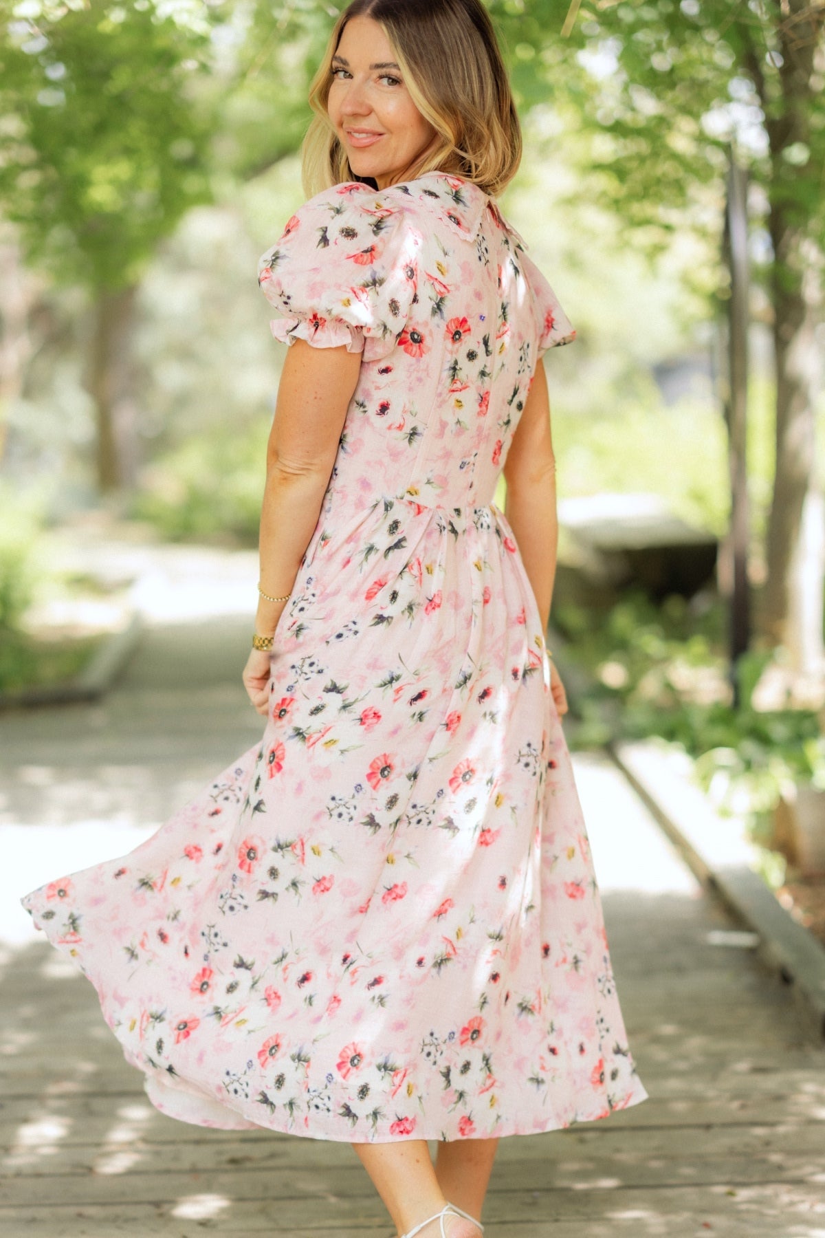 Roselyn Pink Sophia Silk Midi Dress in Blue Bouquet