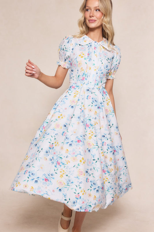 Blue Bouquet Sophia Silk Midi Dress in Blue Bouquet