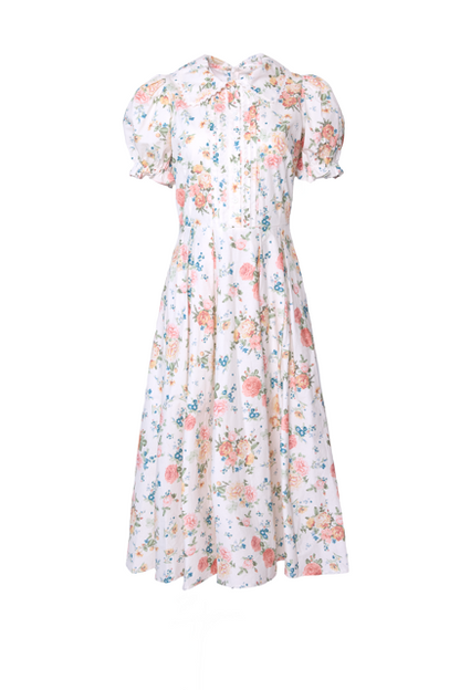 Countryside Peony Blossom Sophia Silk Midi Dress in Blue Bouquet