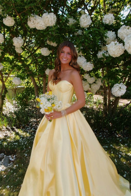 Yellow Margot Pleated Strapless Dress