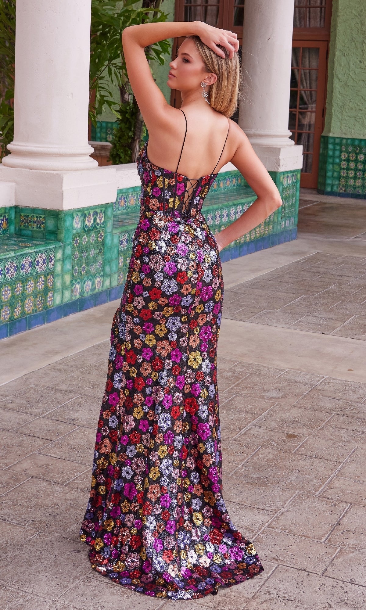 Black Multi Aurelia Floral Sequin Prom Dress