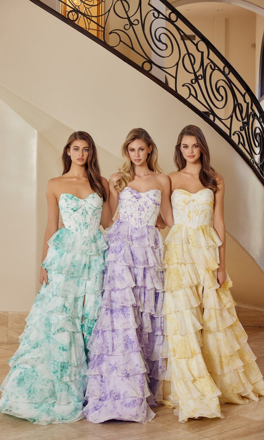 Sage Print Violet Floral Strapless Gown