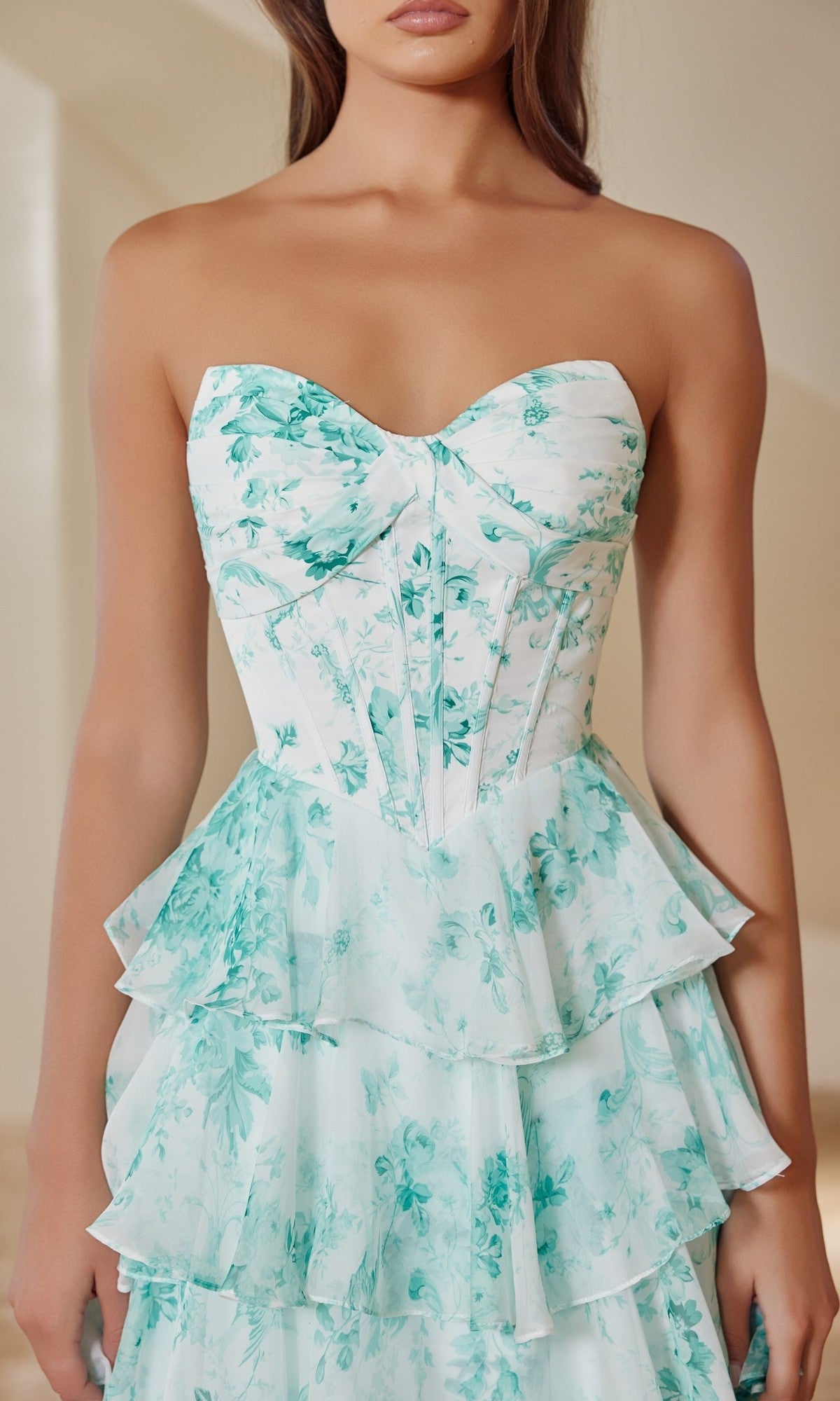 Lilac Print Violet Floral Strapless Gown
