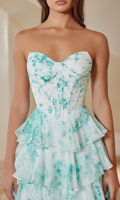 Sage Print Violet Floral Strapless Gown