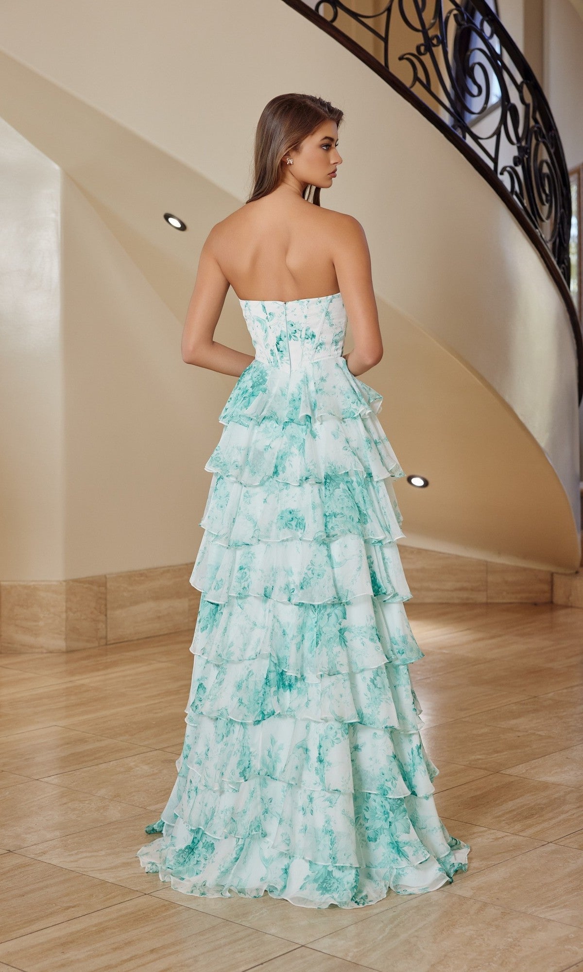 Sage Print Violet Floral Strapless Gown
