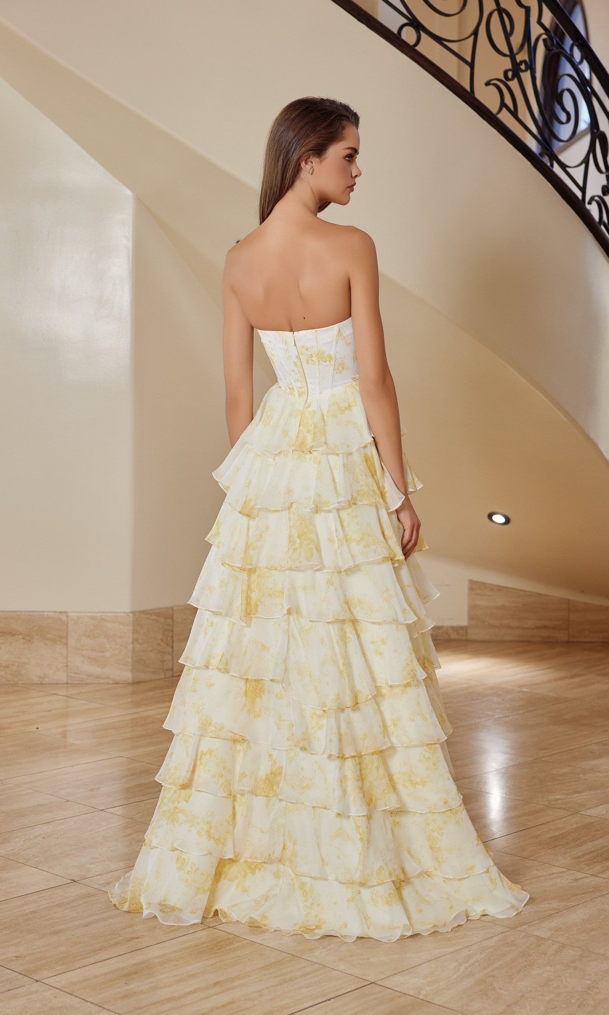 Yellow Print Violet Floral Strapless Gown