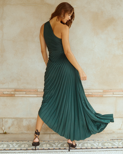 DARK GREEN Perko Silk Crepe Dress in Deep Emerald
