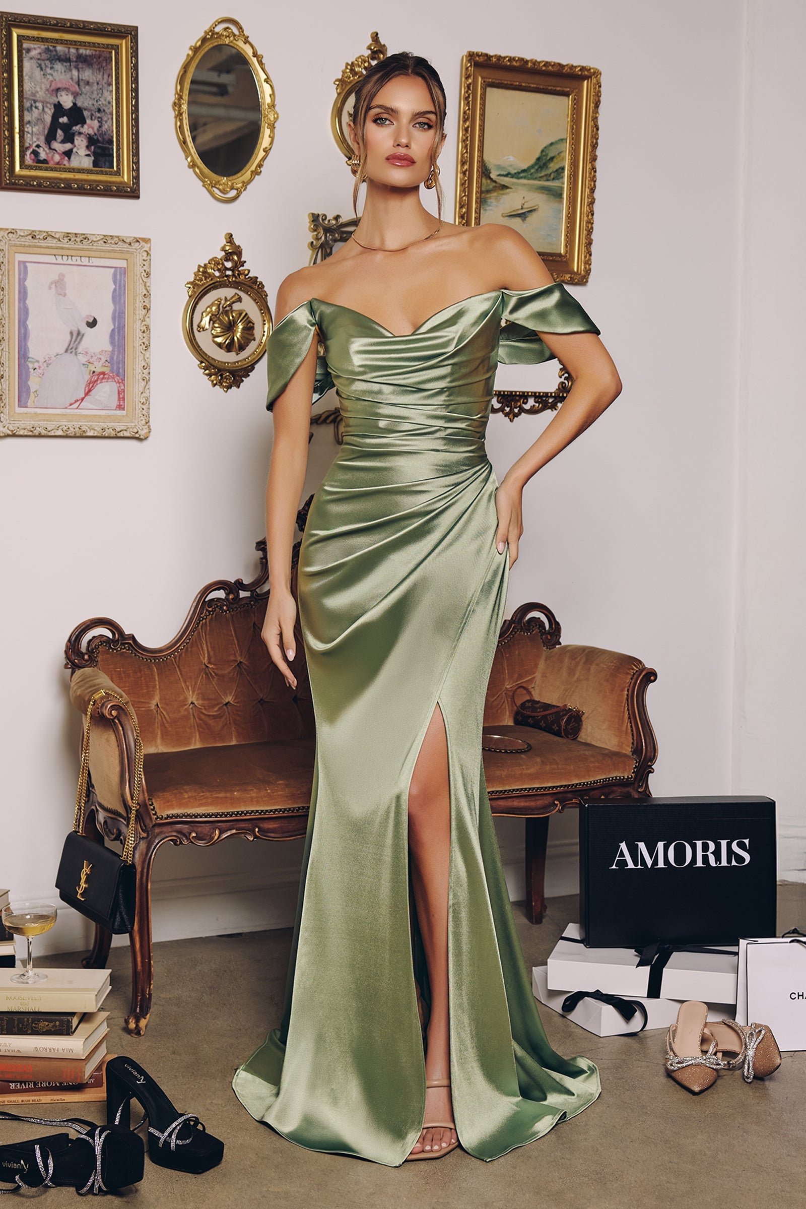 Burgundy Adaline Satin Off-Shoulder Gown