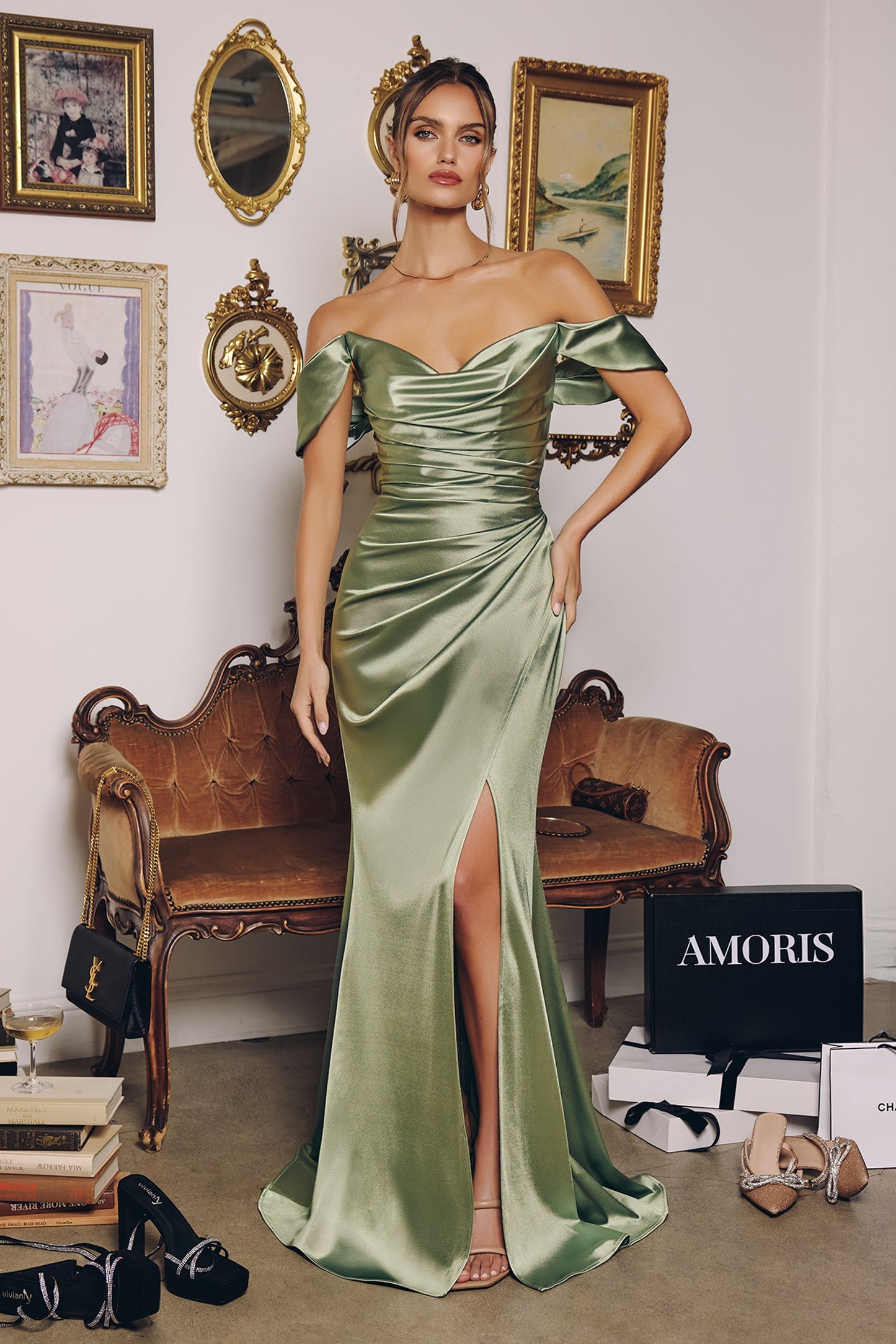 Sage Adaline Satin Off-Shoulder Gown