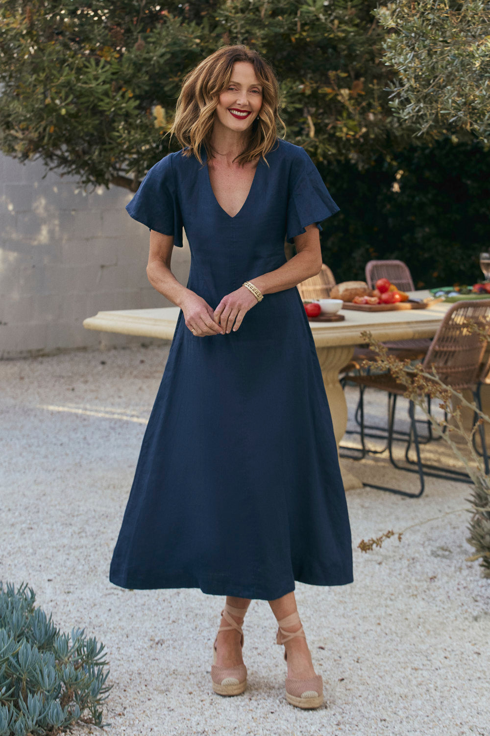 Navy Tatum Linen Flutter Sleeve Dress