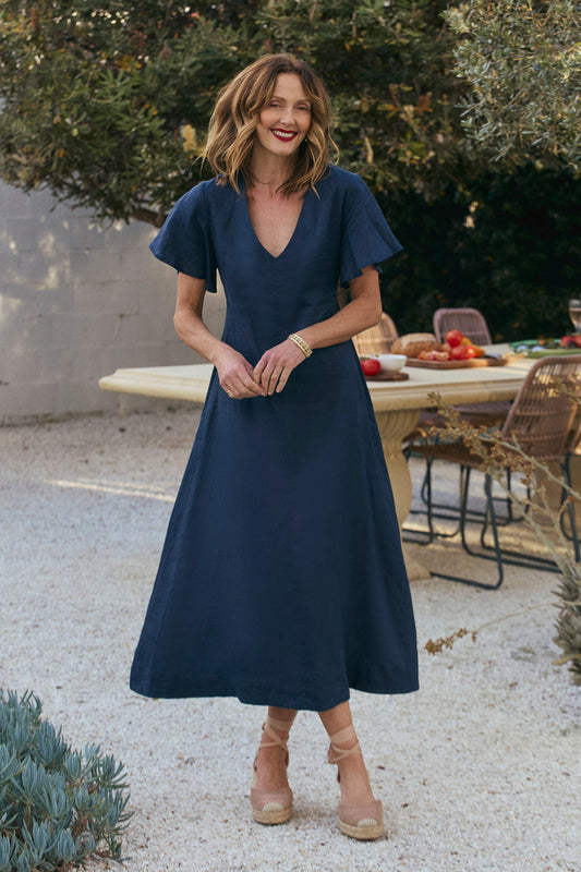 Navy Tatum Linen Flutter Sleeve Dress