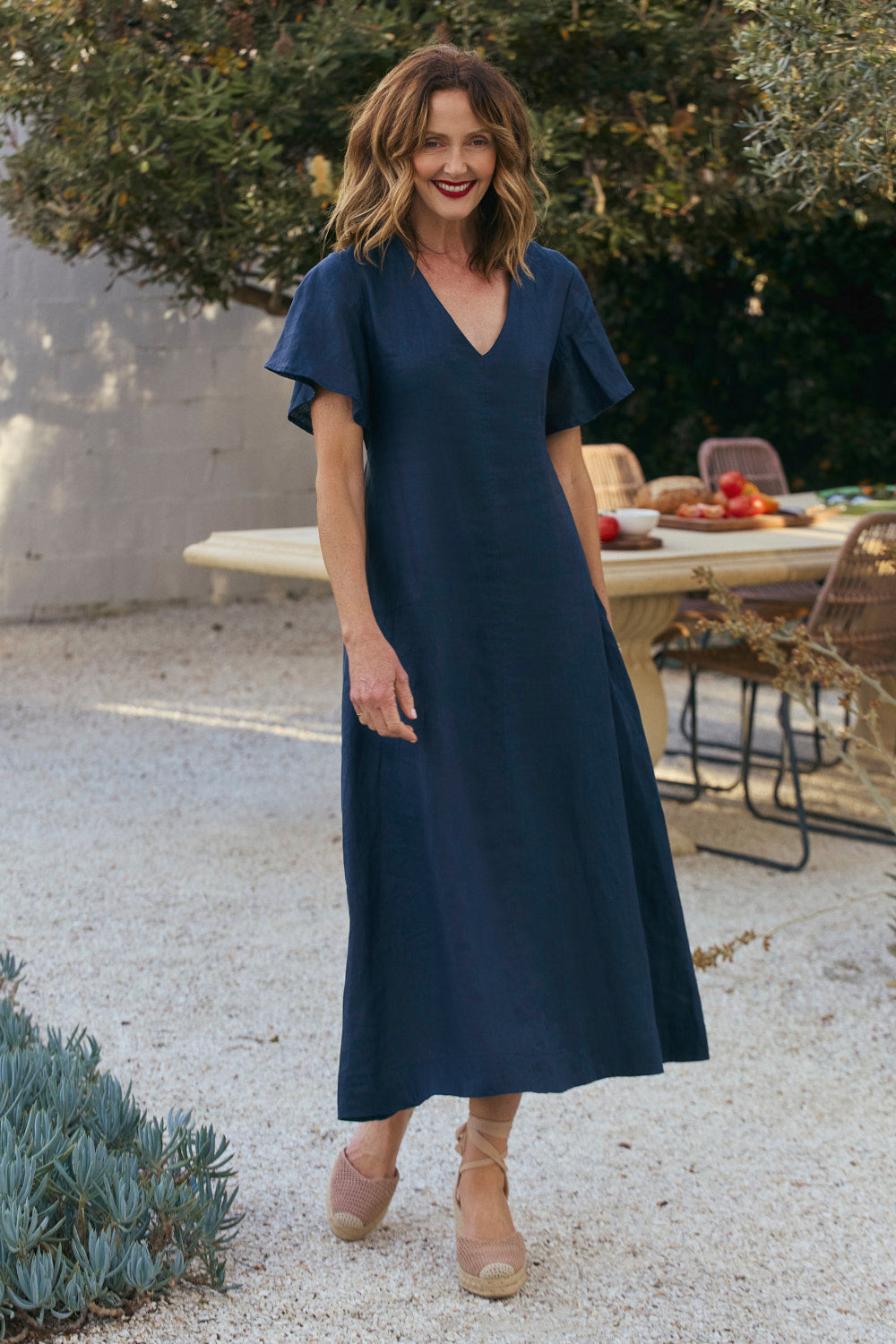 Navy Tatum Linen Flutter Sleeve Dress