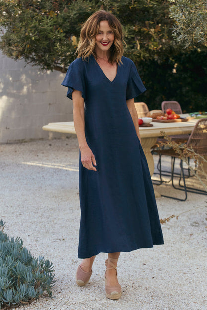 Navy Tatum Linen Flutter Sleeve Dress