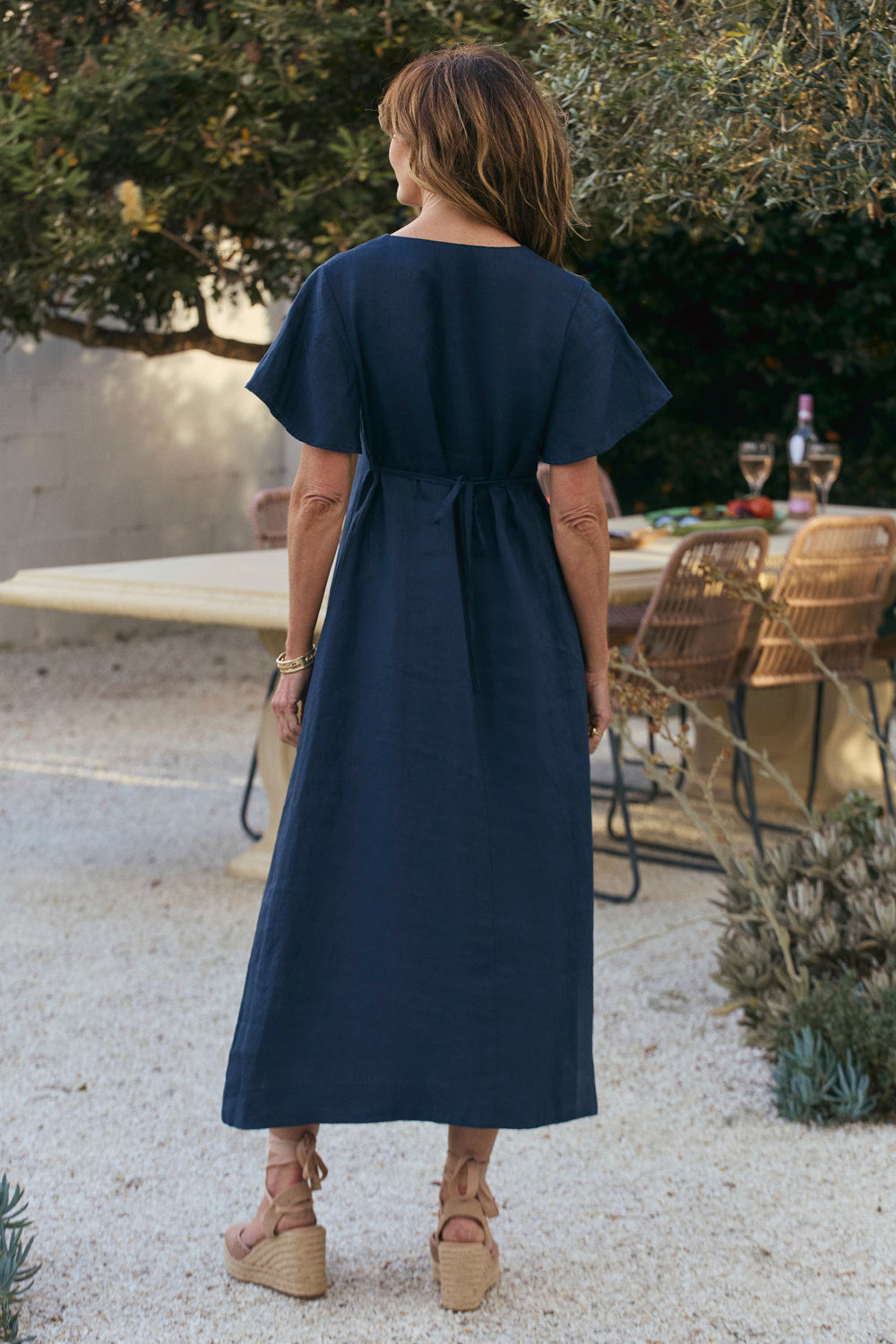 Navy Tatum Linen Flutter Sleeve Dress