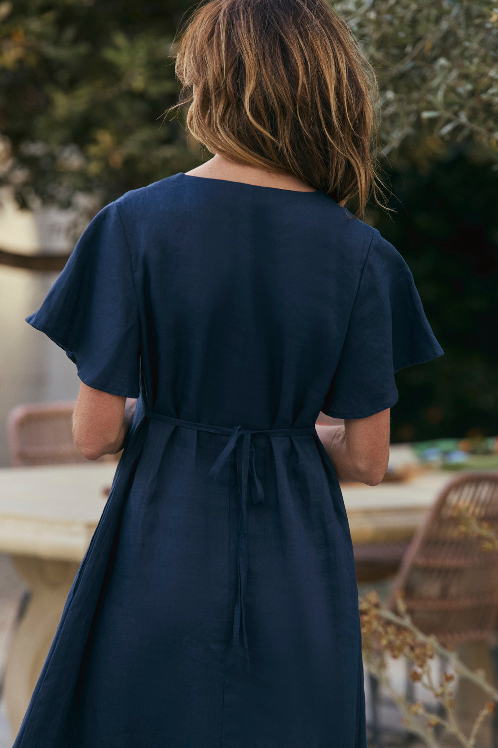 Navy Tatum Linen Flutter Sleeve Dress