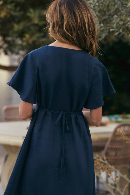 Navy Tatum Linen Flutter Sleeve Dress
