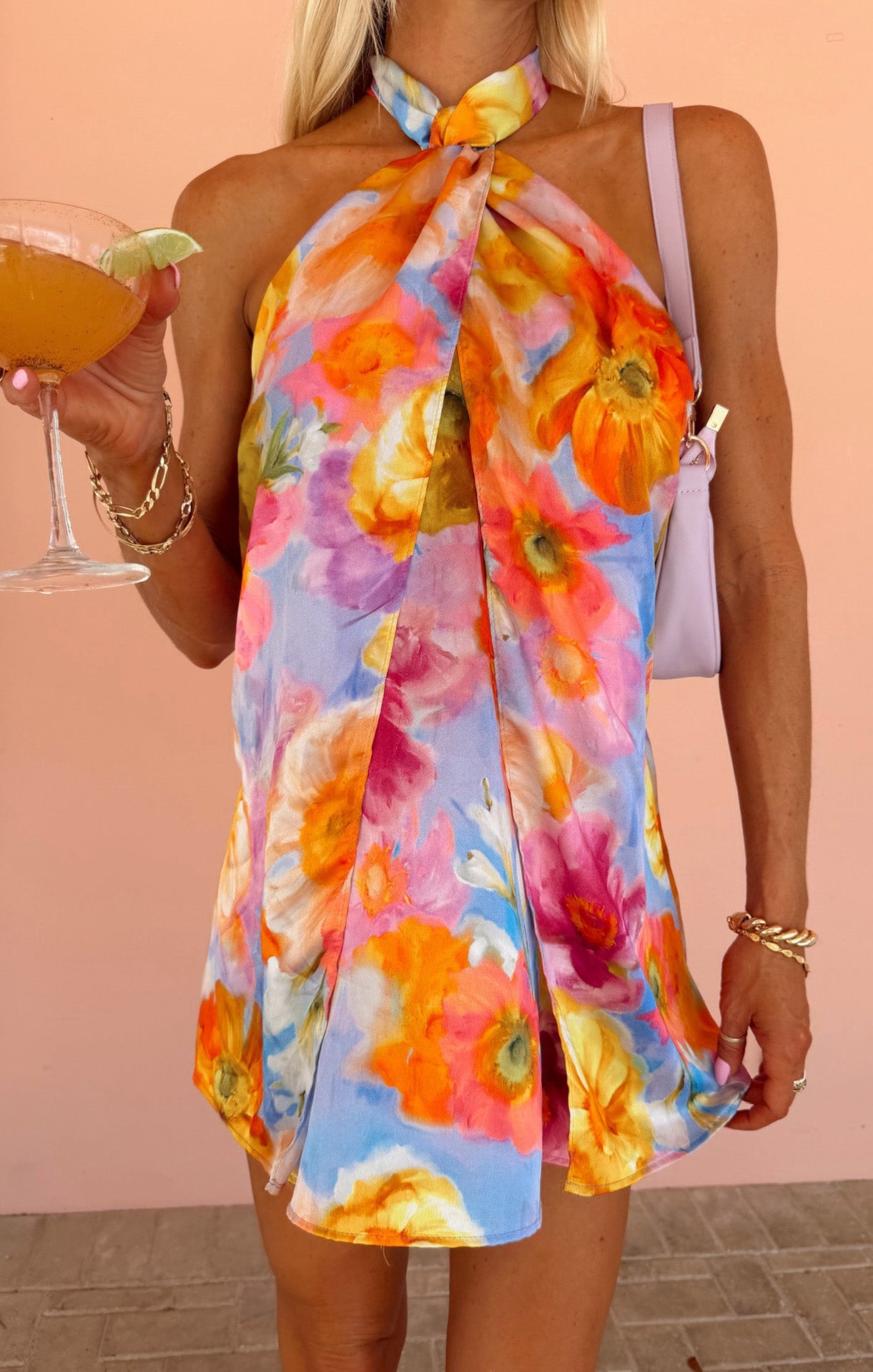 Violet Twist Mini Dress in Brushed Blooms