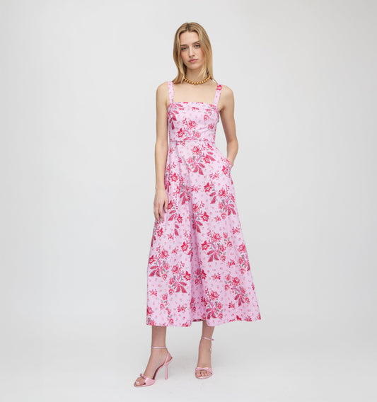 Pink Delft Bouquet Ezra Silk Charmeuse Midi Dress