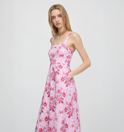 Pink Delft Bouquet Ezra Silk Charmeuse Midi Dress