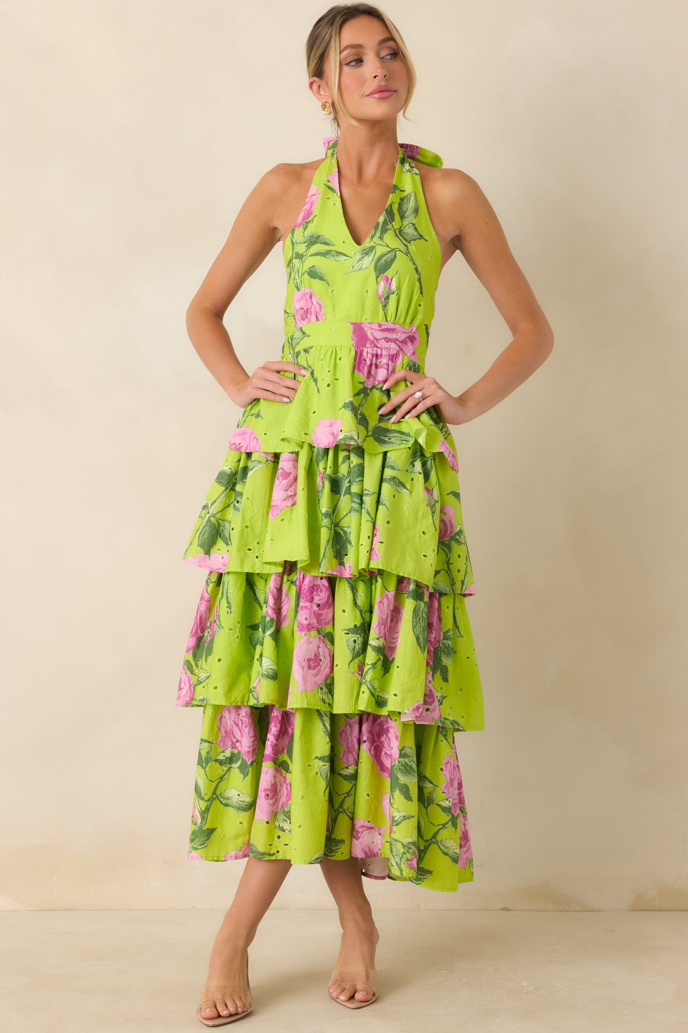 Chartreuse Adelaide Floral Cotton Halter Midi Dress