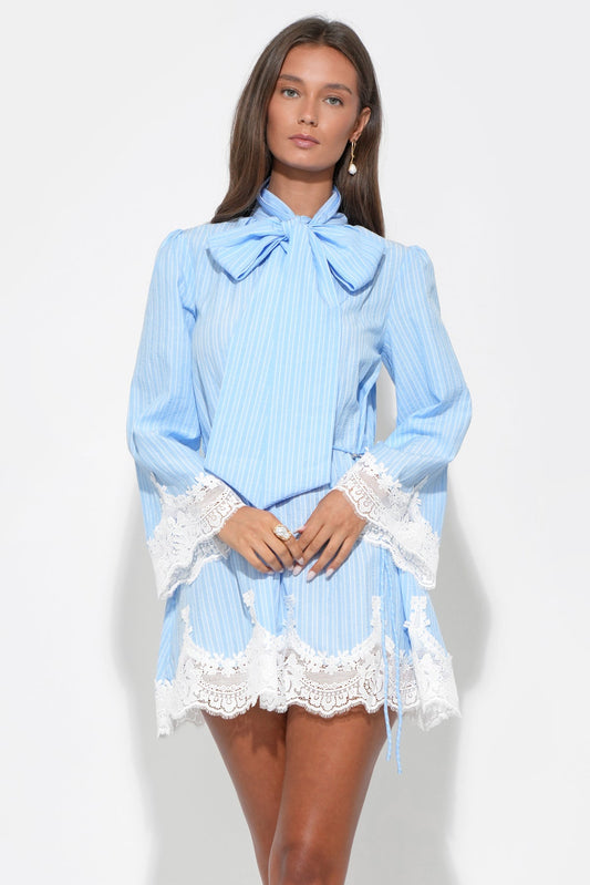 LIGHT BLUE/WHITE Victoria Tie-Neck Striped Lace Trim Mini Dress