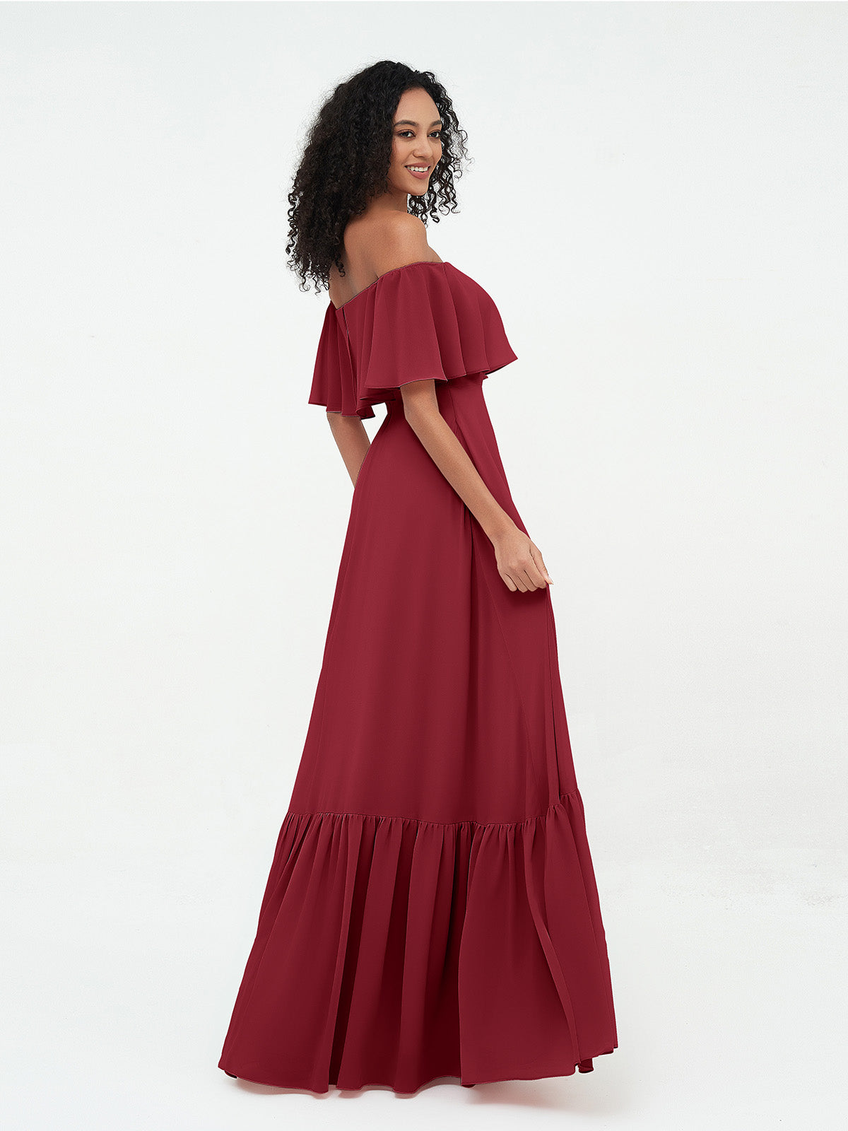 Burgundy Azalea Chiffon Off-Shoulder Dress