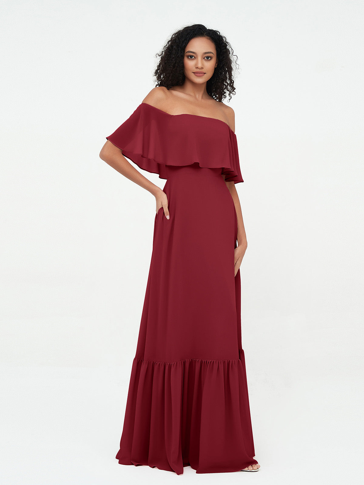Burgundy Azalea Chiffon Off-Shoulder Dress
