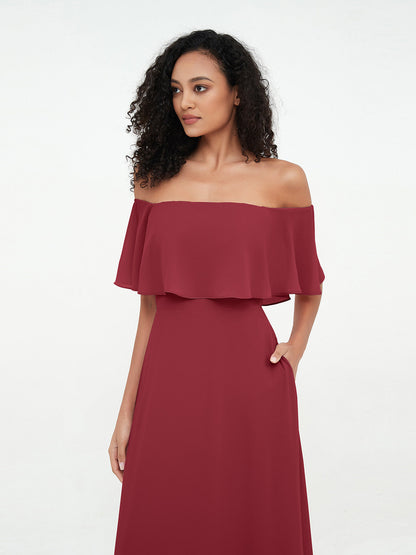 Burgundy Azalea Chiffon Off-Shoulder Dress