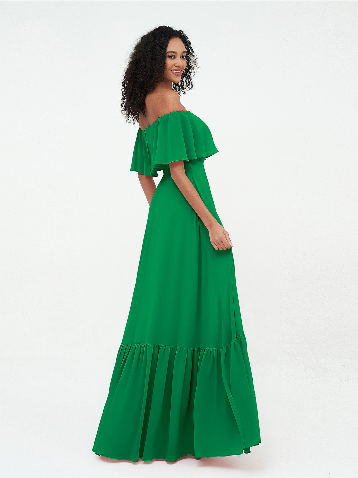 Emerald Azalea Chiffon Off-Shoulder Dress