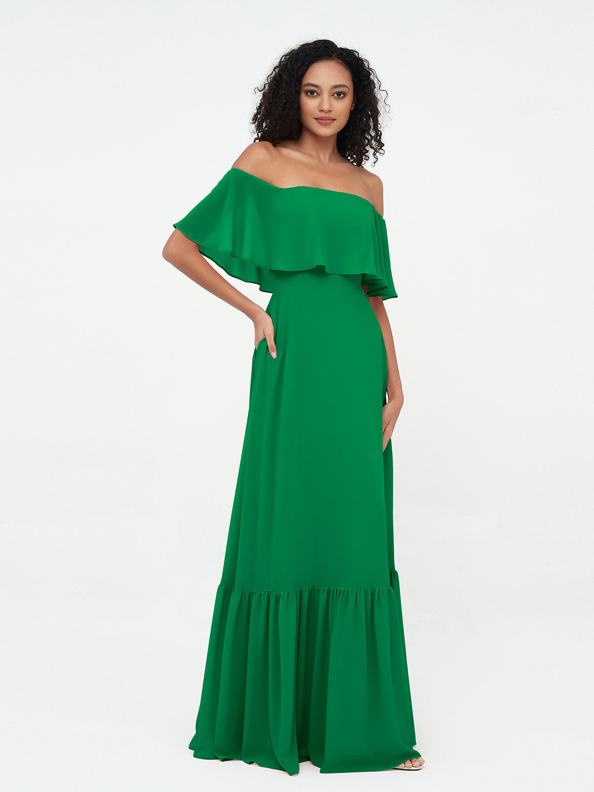 Emerald Azalea Chiffon Off-Shoulder Dress