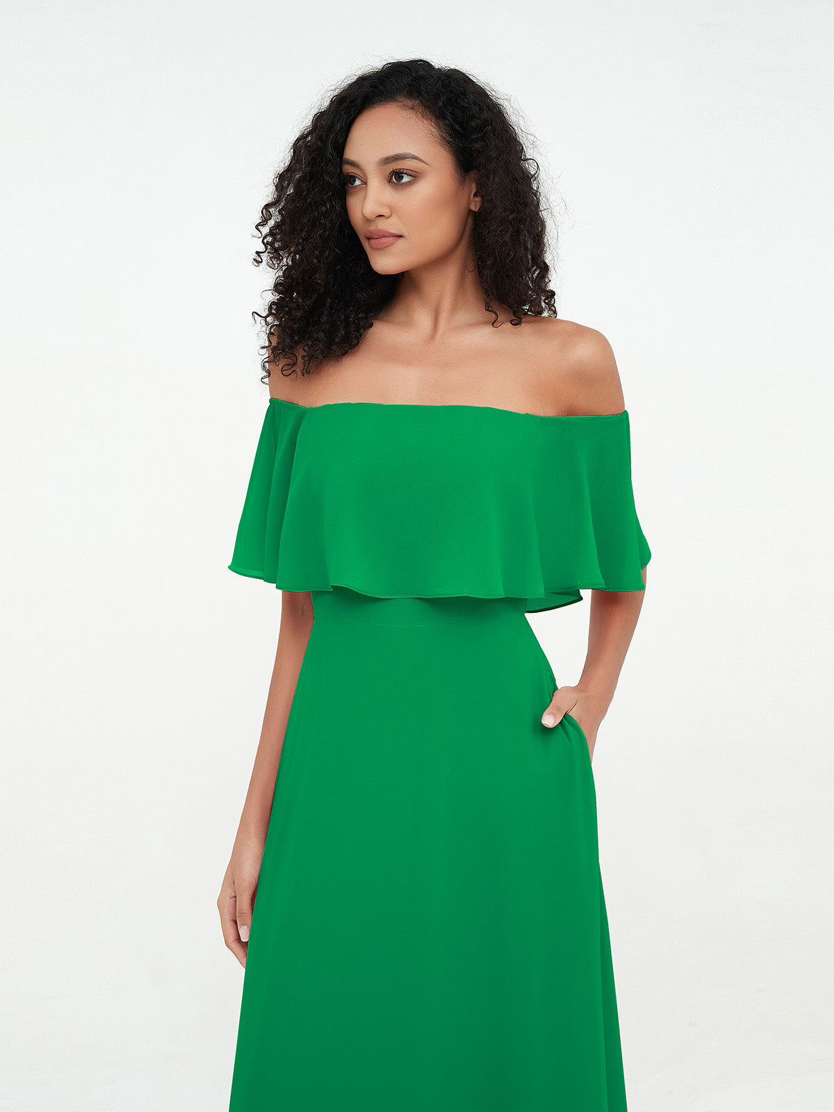 Emerald Azalea Chiffon Off-Shoulder Dress