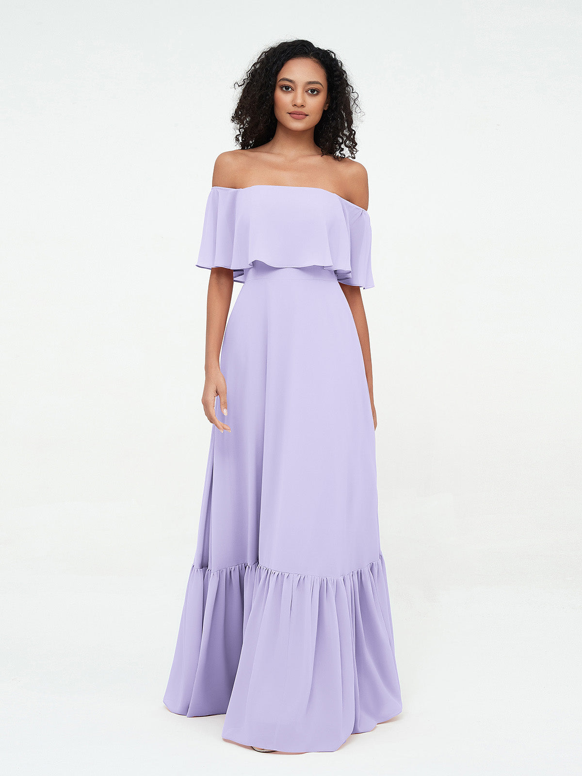 Lilac Azalea Chiffon Off-Shoulder Dress