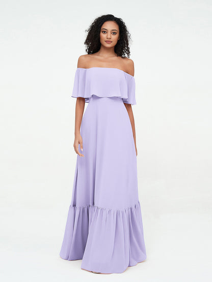 Lilac Azalea Chiffon Off-Shoulder Dress