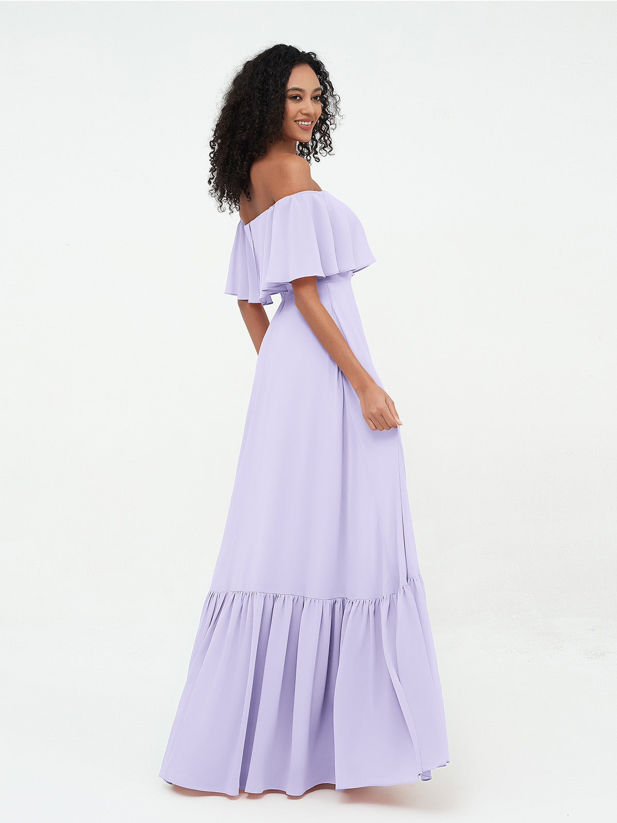 Lilac Azalea Chiffon Off-Shoulder Dress