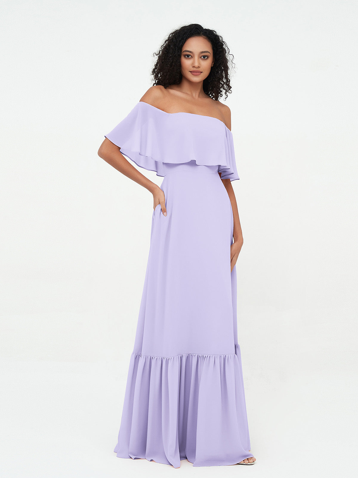 Lilac Azalea Chiffon Off-Shoulder Dress
