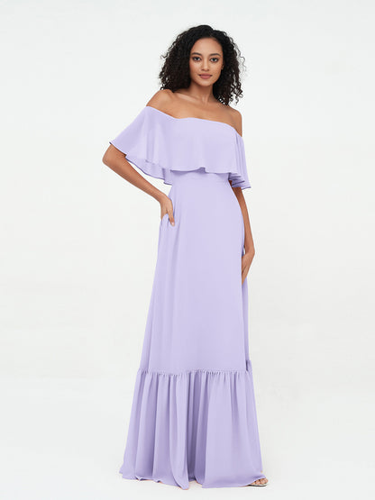 Lilac Azalea Chiffon Off-Shoulder Dress
