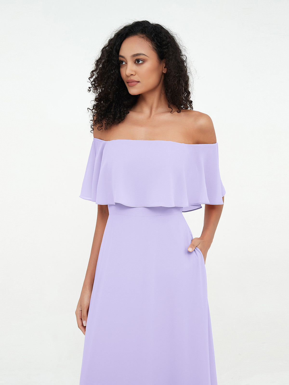 Lilac Azalea Chiffon Off-Shoulder Dress