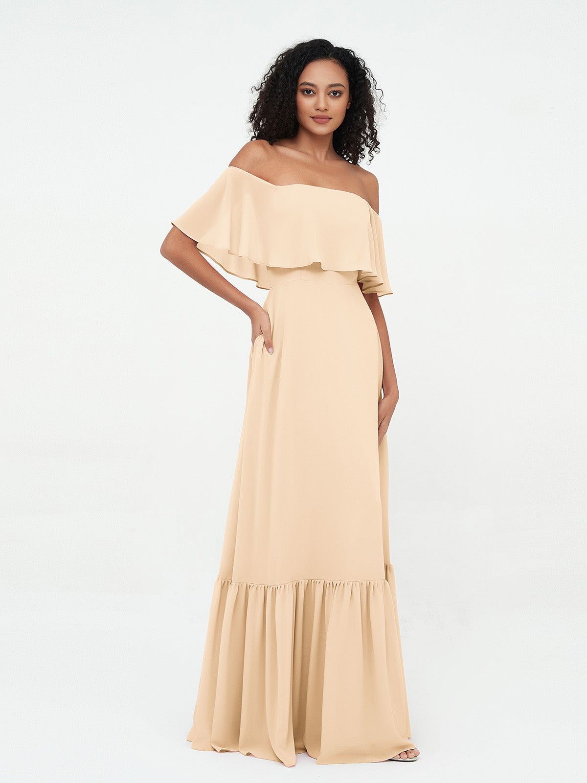 Peach Azalea Chiffon Off-Shoulder Dress