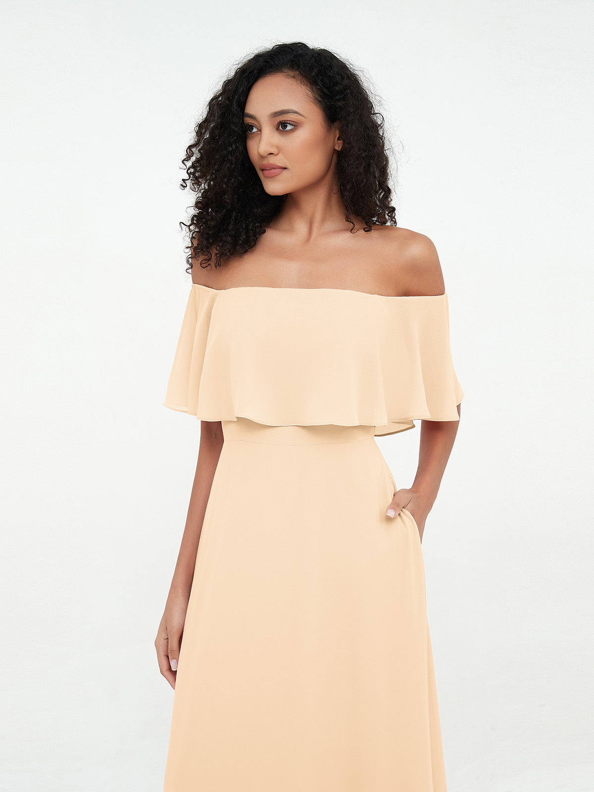 Peach Azalea Chiffon Off-Shoulder Dress