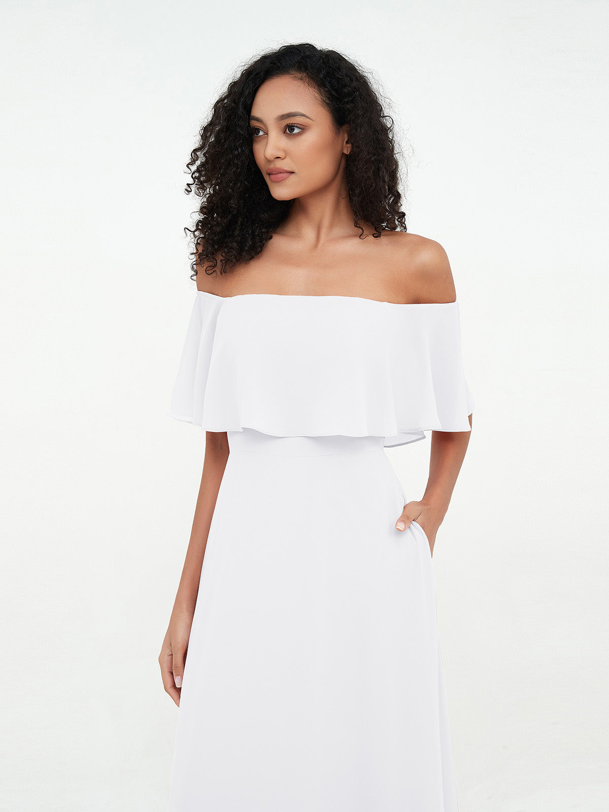 White Azalea Chiffon Off-Shoulder Dress