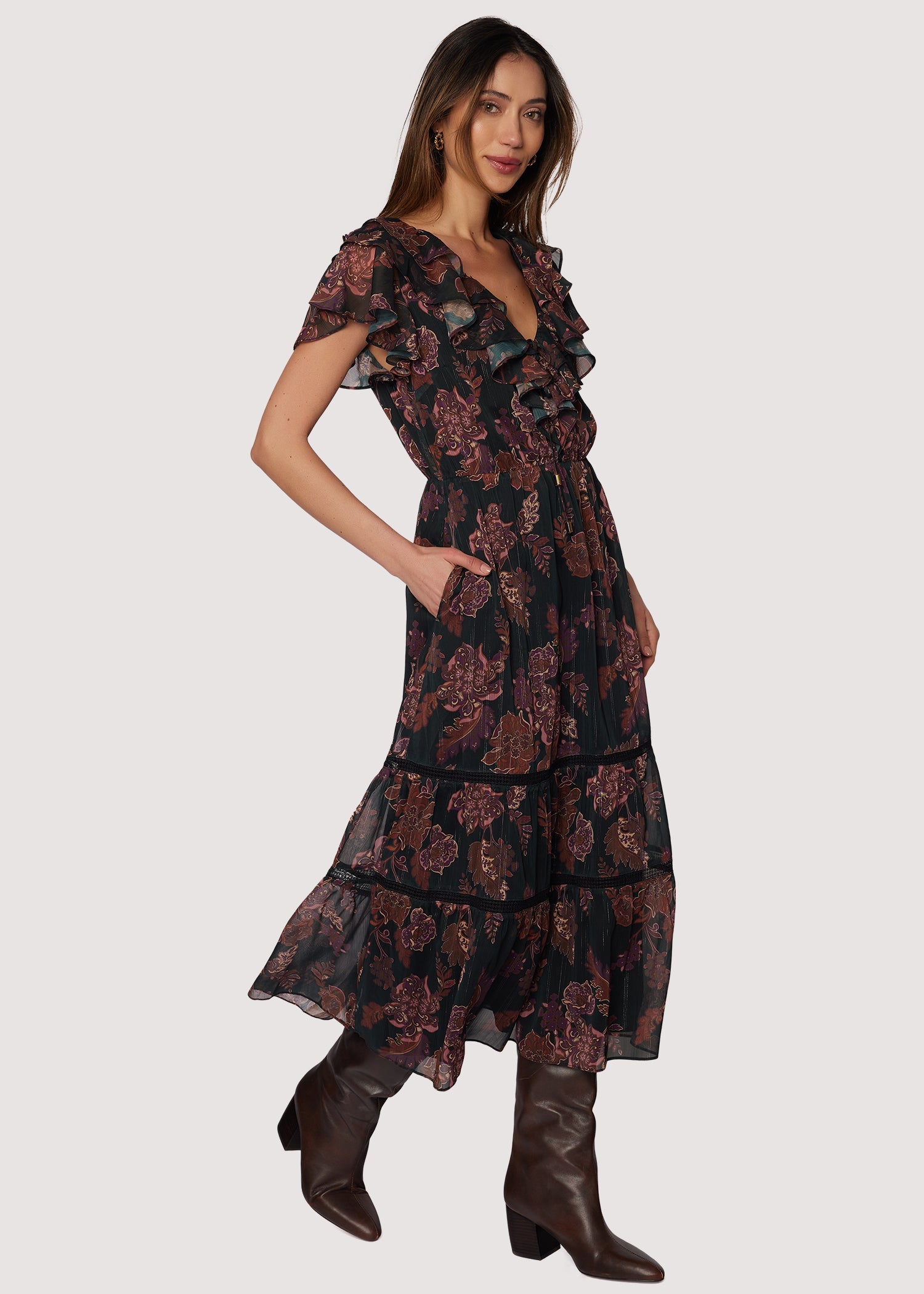 BLACK-PLUM-FLORAL Isabelle Bohemian Midi Dress