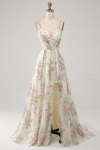 Line Flower Printed Ivory Prom Dress with Slit