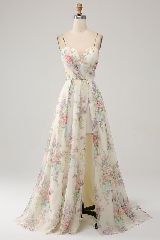 Line Flower Printed Ivory Prom Dress with Slit Margot A-Line Ivory Floral Prom Dress