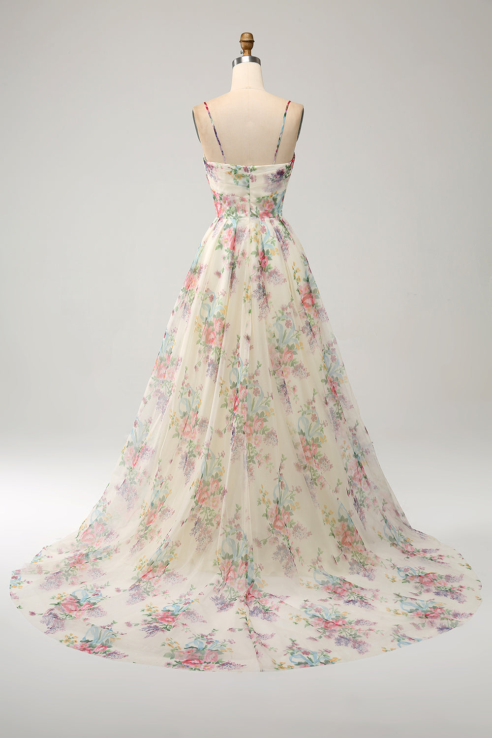 Line Flower Printed Ivory Prom Dress with Slit Margot A-Line Ivory Floral Prom Dress