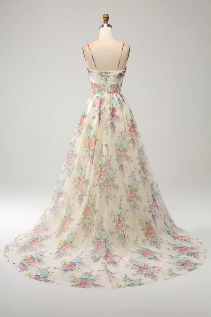 Line Flower Printed Ivory Prom Dress with Slit Margot A-Line Ivory Floral Prom Dress