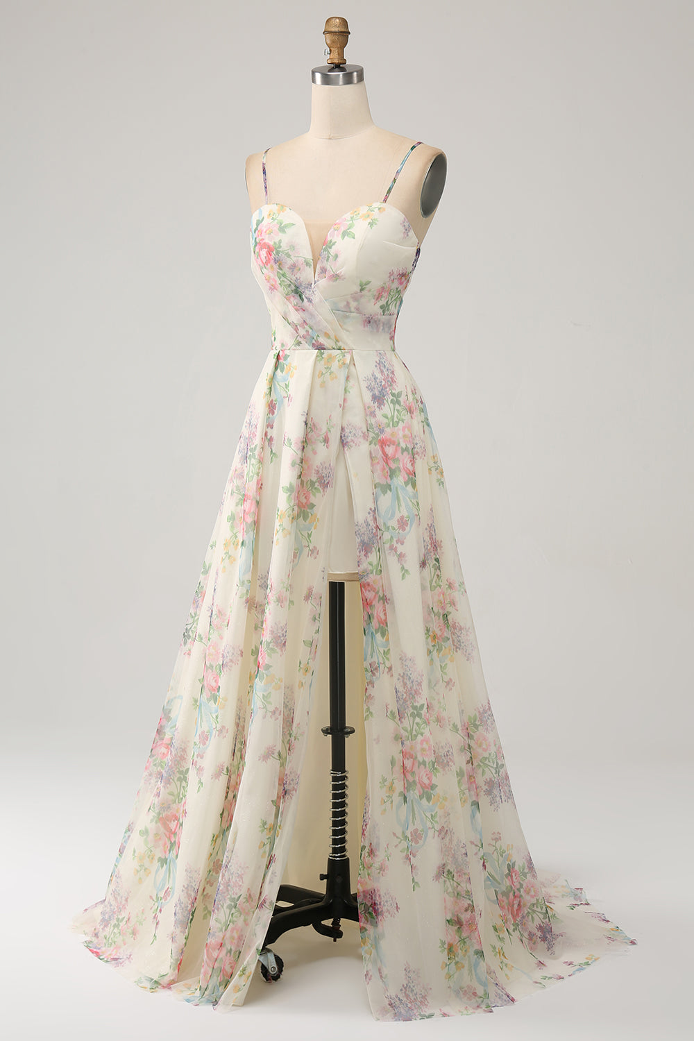 Line Flower Printed Ivory Prom Dress with Slit Margot A-Line Ivory Floral Prom Dress