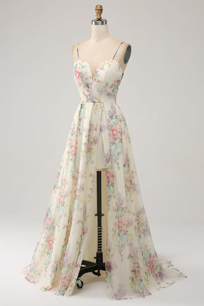 Line Flower Printed Ivory Prom Dress with Slit Margot A-Line Ivory Floral Prom Dress
