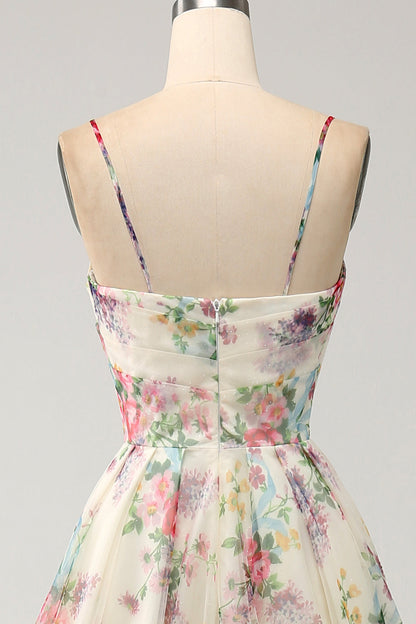 Line Flower Printed Ivory Prom Dress with Slit Margot A-Line Ivory Floral Prom Dress
