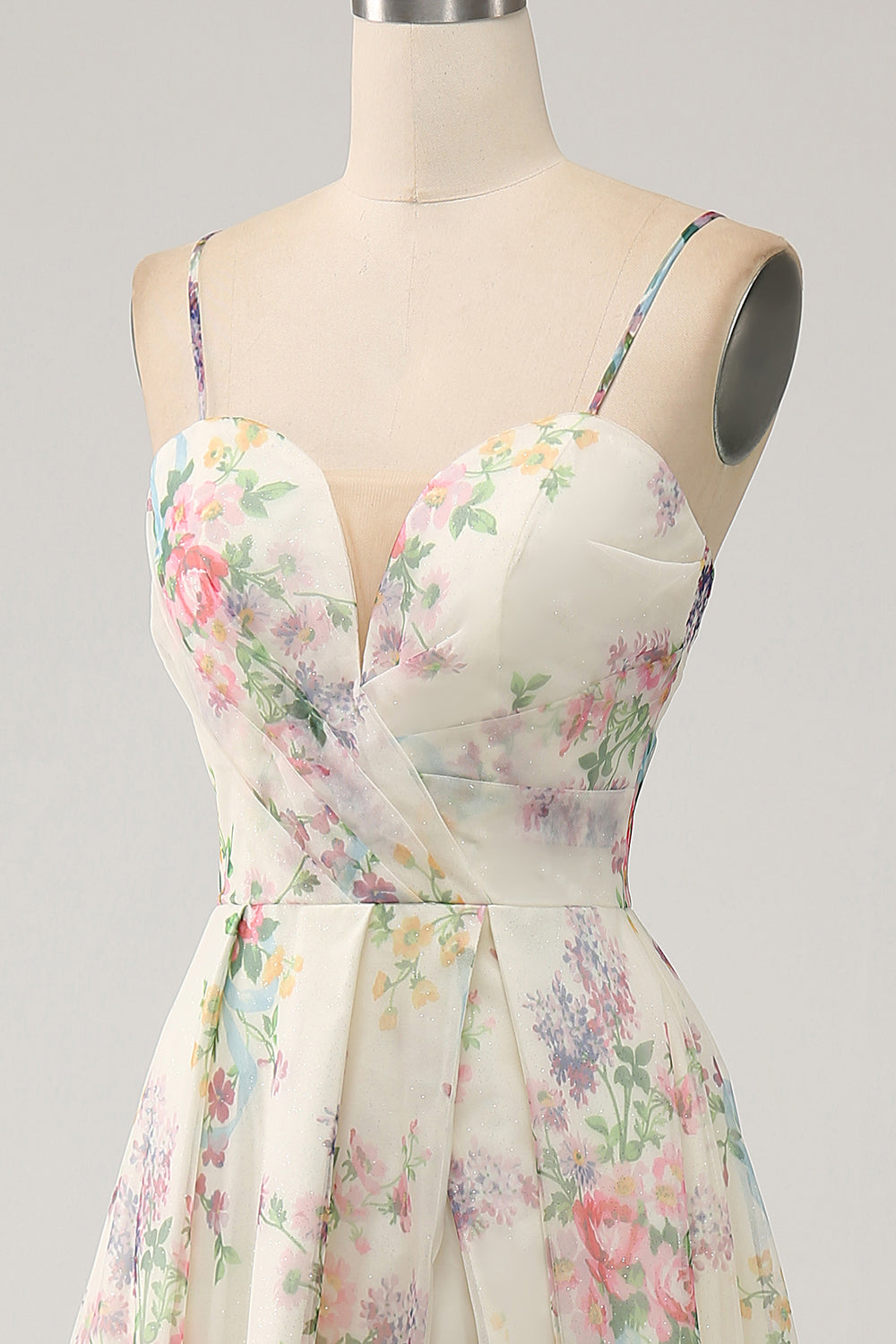 Line Flower Printed Ivory Prom Dress with Slit Margot A-Line Ivory Floral Prom Dress