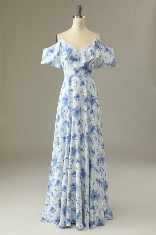 Blue Margot Off-Shoulder Floral Bridesmaid Dress